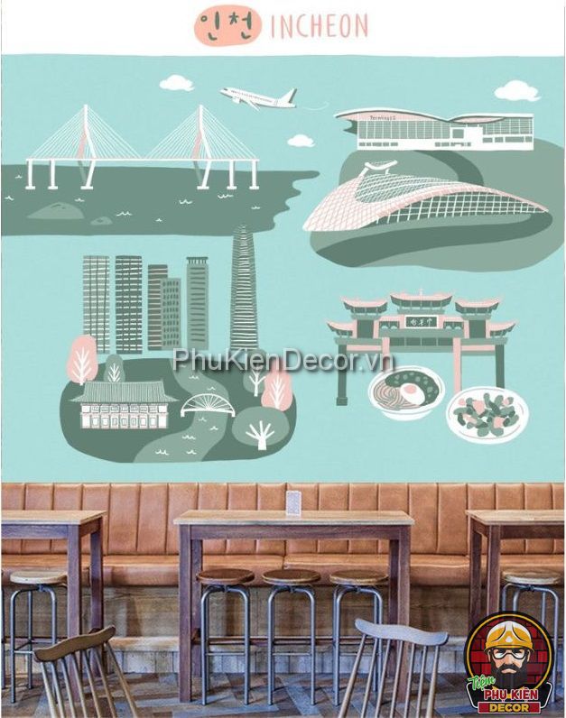 Tranh dán tường 3D địa danh phong cảnh Hàn Quốc sáng tạo, mới mẻ Tranh dán tường 3D địa danh phong cảnh Hàn Quốc sáng tạo, mới mẻ