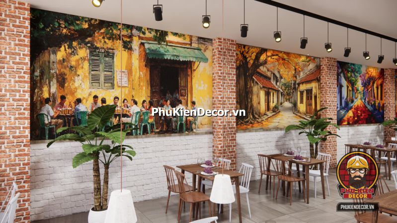 Tranh dán tường 3D đường phố Hà Nội Tranh Phố Xá Hà Nội cổ điển mô tả dòng người và xe trên phố Hàng Đào những năm 80, phù hợp cho không gian check-in nghệ thuật.