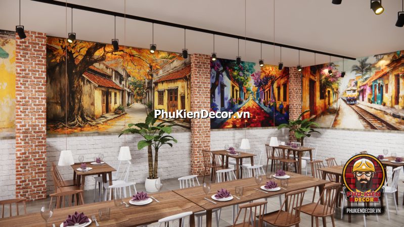 Tranh dán tường 3D đường phố Hà Nội Tranh Phố Xá Hà Nội cổ điển mô tả dòng người và xe trên phố Hàng Đào những năm 80, phù hợp cho không gian check-in nghệ thuật.