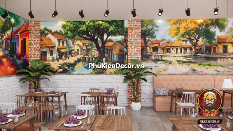 Tranh dán tường 3D đường phố Hà Nội Tranh Phố Xá Hà Nội cổ điển mô tả dòng người và xe trên phố Hàng Đào những năm 80, phù hợp cho không gian check-in nghệ thuật.