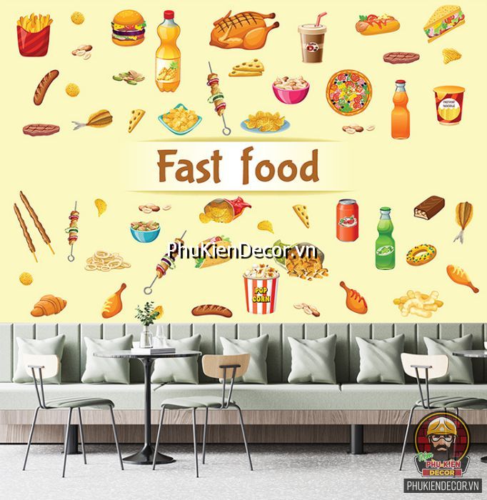 Mẫu tranh dán tường 3D fastfood mang phong cách trẻ trung, sinh động Mẫu tranh dán tường 3D fastfood mang phong cách trẻ trung, sinh động