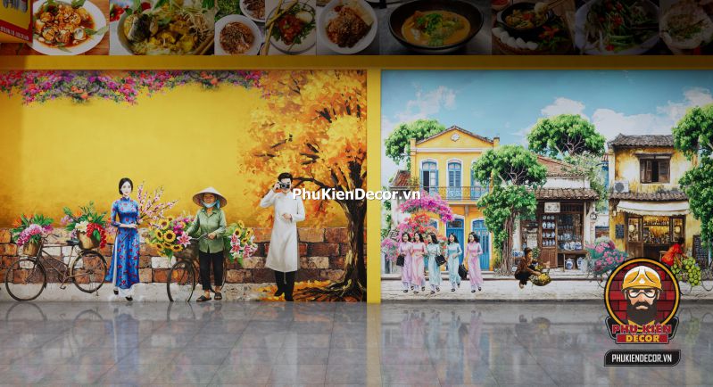 Tranh dán tường phong cách Hà Nội retro Tranh Phố Xá Hà Nội cổ điển mô tả dòng người và xe trên phố Hàng Đào những năm 80, phù hợp cho không gian check-in nghệ thuật.