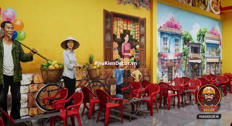 Tranh dán tường phong cách Hà Nội retro Tranh Phố Xá Hà Nội cổ điển mô tả dòng người và xe trên phố Hàng Đào những năm 80, phù hợp cho không gian check-in nghệ thuật.