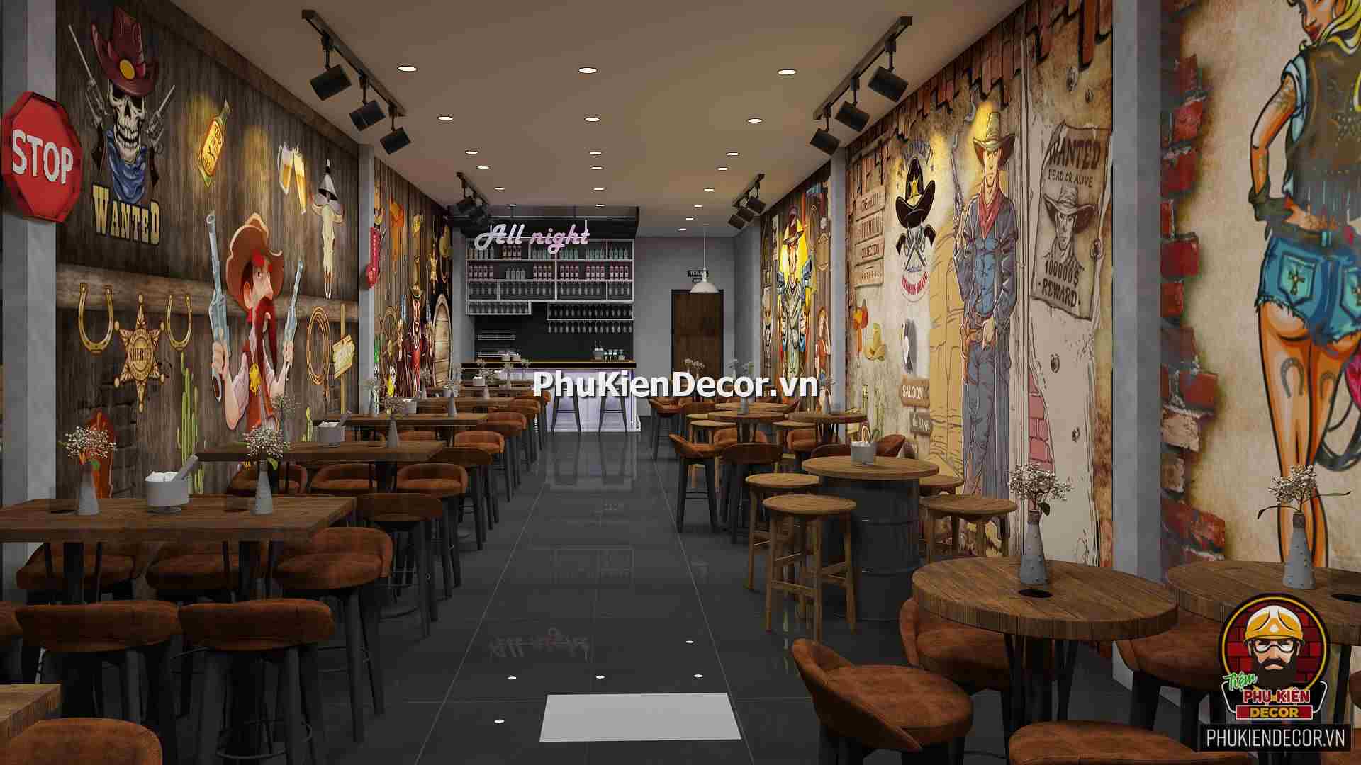 Tranh dán tường 3D Phong cách Cao Bồi Viễn tây trang trí quán Bia, Rượu, Bar, Pub Tranh dán tường 3D Phong cách Cao Bồi Viễn tây trang trí quán Bia, Rượu, Bar, Pub
