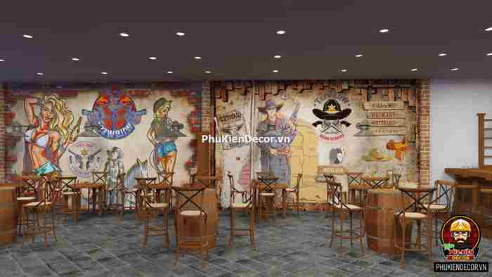 Tranh dán tường 3D Phong cách Cao Bồi Viễn tây trang trí quán Bia, Rượu, Bar, Pub Tranh dán tường 3D Phong cách Cao Bồi Viễn tây trang trí quán Bia, Rượu, Bar, Pub