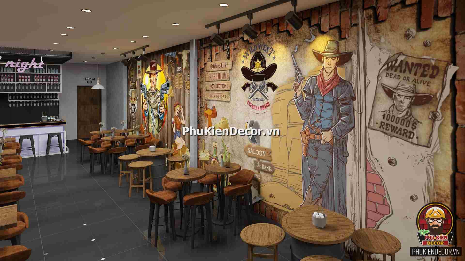 Tranh dán tường 3D Phong cách Cao Bồi Viễn tây trang trí quán Bia, Rượu, Bar, Pub Tranh dán tường 3D Phong cách Cao Bồi Viễn tây trang trí quán Bia, Rượu, Bar, Pub
