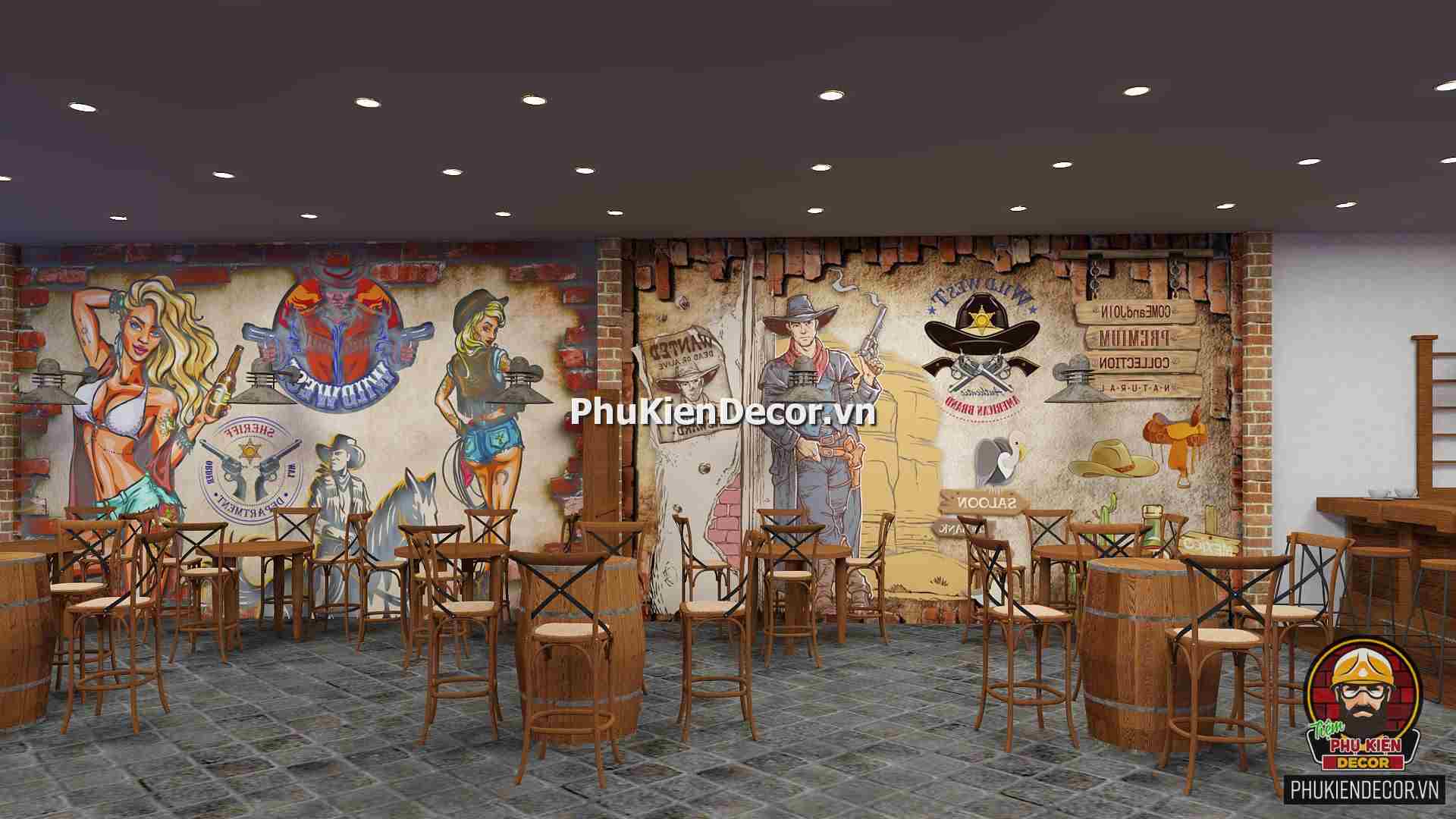 Tranh dán tường 3D Phong cách Cao Bồi Viễn tây trang trí quán Bia, Rượu, Bar, Pub Tranh dán tường 3D Phong cách Cao Bồi Viễn tây trang trí quán Bia, Rượu, Bar, Pub