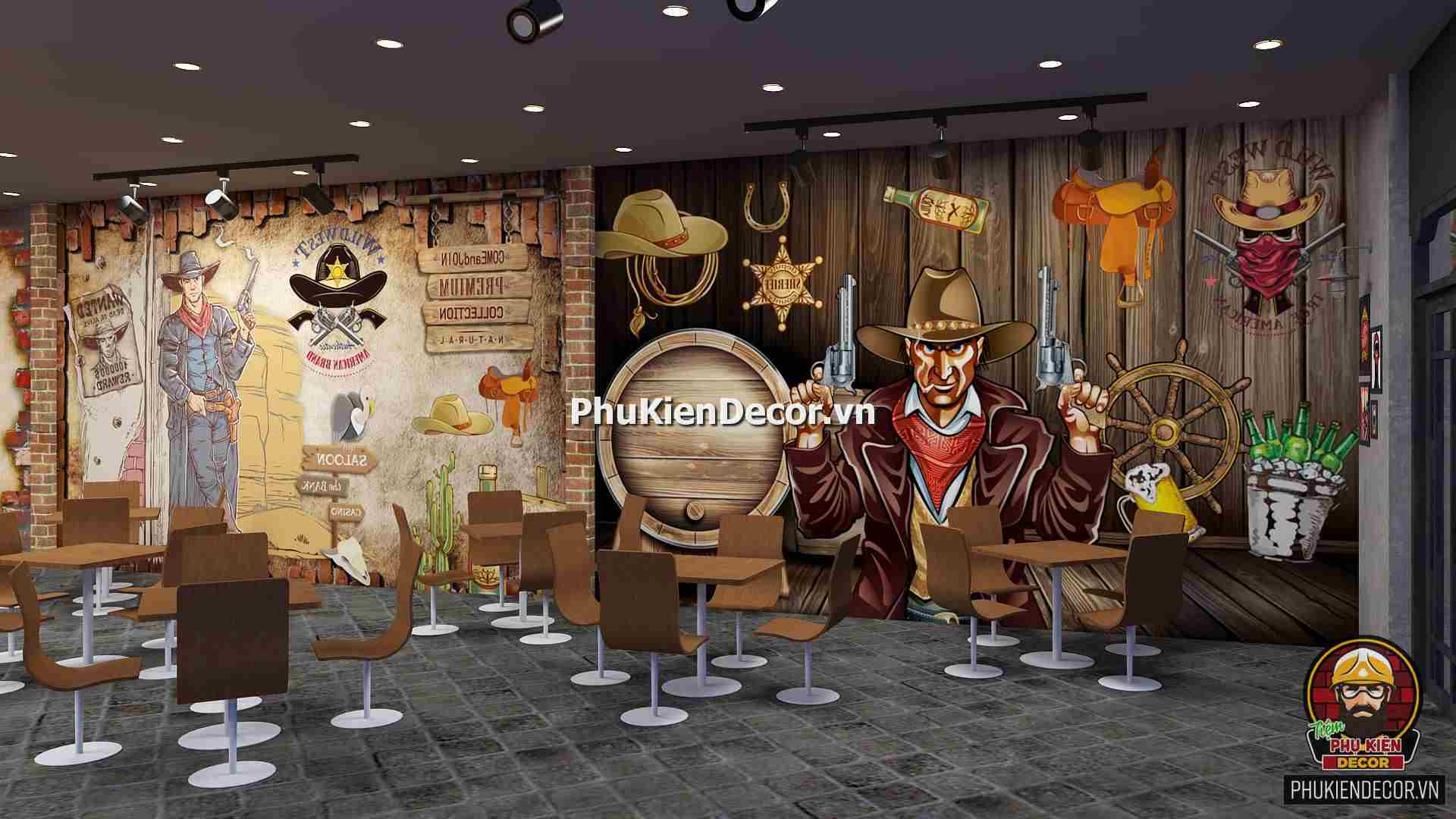 Tranh dán tường 3D Phong cách Cao Bồi Viễn tây trang trí quán Bia, Rượu, Bar, Pub Tranh dán tường 3D Phong cách Cao Bồi Viễn tây trang trí quán Bia, Rượu, Bar, Pub