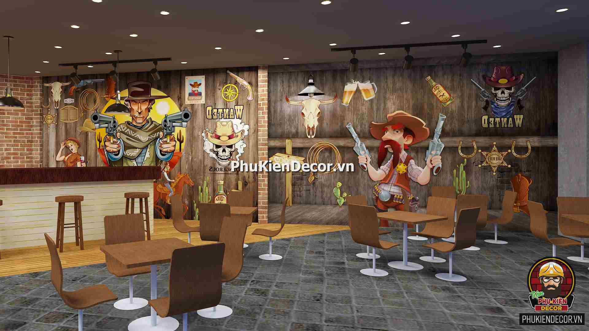 Tranh dán tường 3D Phong cách Cao Bồi Viễn tây trang trí quán Bia, Rượu, Bar, Pub Tranh dán tường 3D Phong cách Cao Bồi Viễn tây trang trí quán Bia, Rượu, Bar, Pub