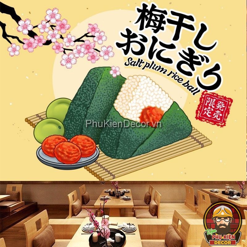 Tranh dán tường 3D ẩm thực cơm nắm Nhật Bản Tranh dán tường 3D ẩm thực cơm nắm Nhật Bản