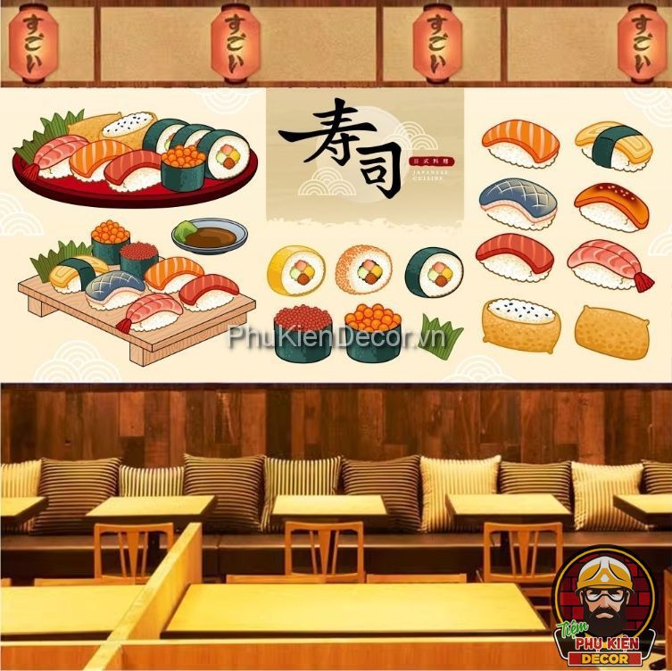 Tranh dán tường 3D ẩm thực sushi Nhật Bản Tranh dán tường 3D ẩm thực sushi Nhật Bản