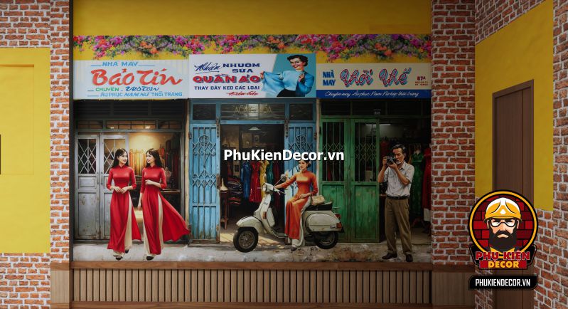 Tranh dán tường 3D Sài Gòn xưa trang trí nhà hàng Trang trí nhà hàng hoài cổ bằng tranh dán tường 3D phong cách Sài Gòn xưa.