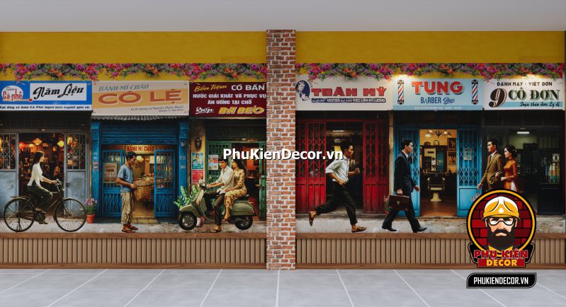 Tranh dán tường 3D Sài Gòn xưa trang trí nhà hàng Trang trí nhà hàng hoài cổ bằng tranh dán tường 3D phong cách Sài Gòn xưa.