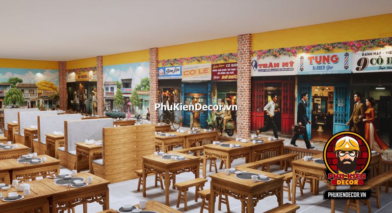 Tranh dán tường 3D Sài Gòn xưa trang trí nhà hàng Trang trí nhà hàng hoài cổ bằng tranh dán tường 3D phong cách Sài Gòn xưa.