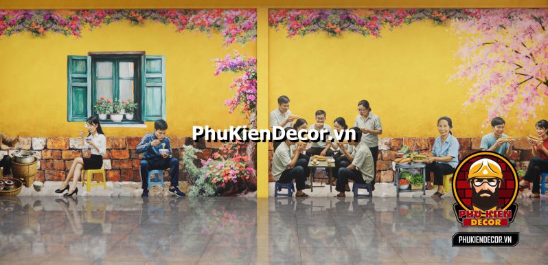 Tranh dán tường Sài Gòn thời bao cấp Không gian quán cafe sử dụng tranh dán tường 3D phong cách Sài Gòn xưa làm điểm nhấn.