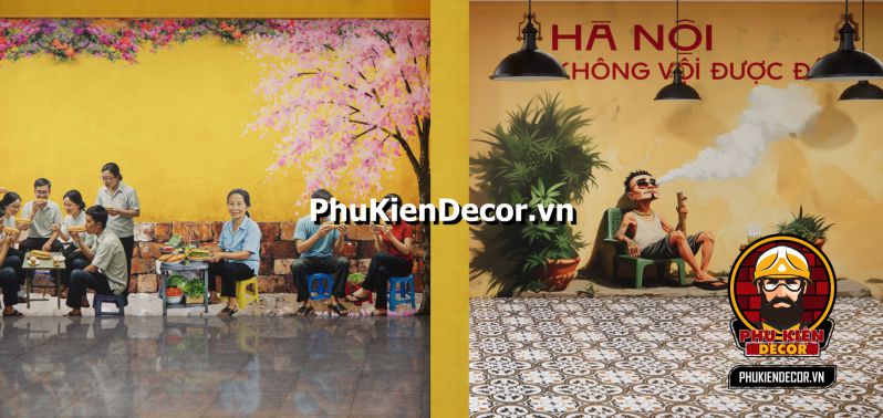 Tranh dán tường 3D decor quán ăn dân dã Thiết kế nội thất quán ăn dân dã với tranh dán tường Sài Gòn xưa.