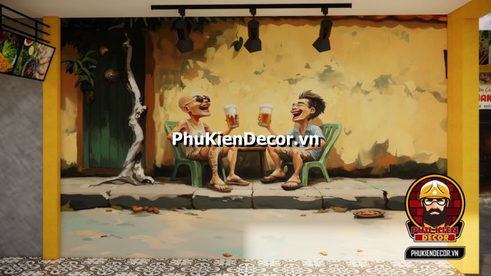 Tranh dán tường Sài Gòn thời bao cấp Không gian quán cafe sử dụng tranh dán tường 3D phong cách Sài Gòn xưa làm điểm nhấn.