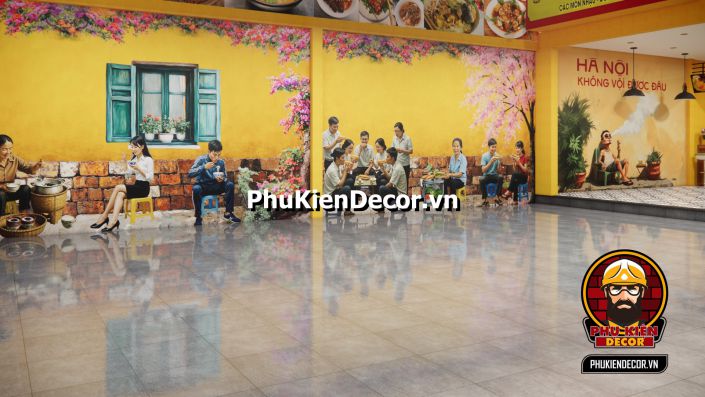 Tranh dán tường 3D decor quán ăn dân dã Thiết kế nội thất quán ăn dân dã với tranh dán tường Sài Gòn xưa.