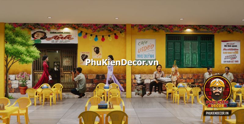 Tranh dán tường 3D Sài Gòn xưa trang trí quán ăn Tranh 3D phong cách retro làm nổi bật nét văn hóa đô thị Sài Gòn xưa.