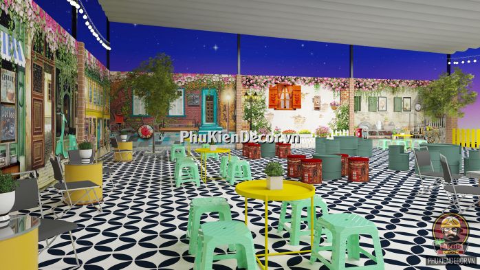 Tranh dán tường 3D phong cảnh Châu Âu trang trí Quán Trà sữa Tranh dán tường 3D phong cảnh Châu Âu trang trí Quán Trà sữa