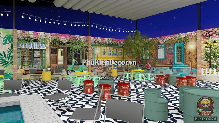 Tranh dán tường 3D phong cảnh Châu Âu trang trí Quán Trà sữa Tranh dán tường 3D phong cảnh Châu Âu trang trí Quán Trà sữa