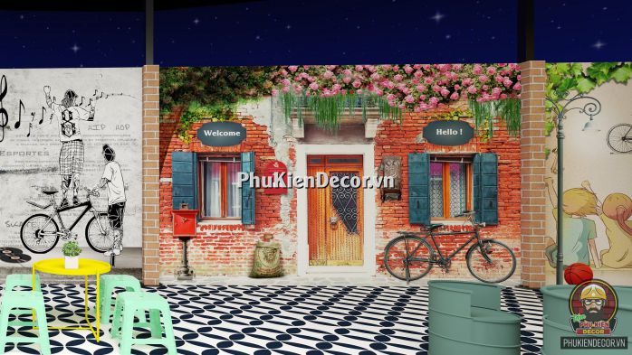 Tranh dán tường 3D phong cảnh Châu Âu trang trí Quán Trà sữa Tranh dán tường 3D phong cảnh Châu Âu trang trí Quán Trà sữa