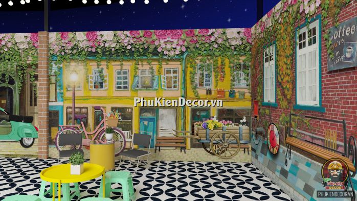 Tranh dán tường 3D phong cảnh Châu Âu trang trí Quán Trà sữa Tranh dán tường 3D phong cảnh Châu Âu trang trí Quán Trà sữa