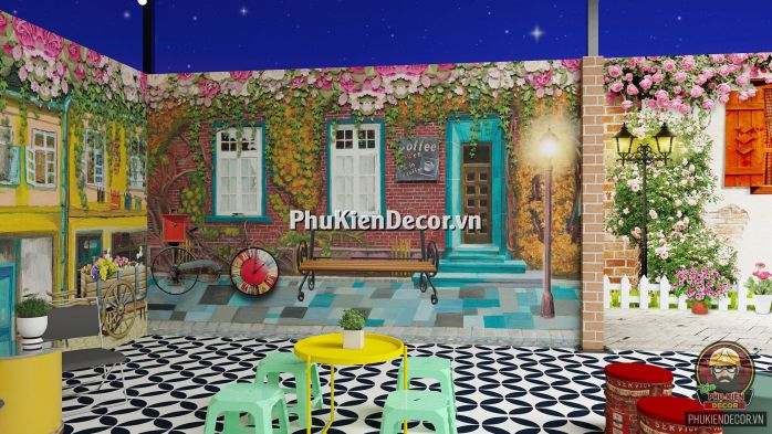 Tranh dán tường 3D phong cảnh Châu Âu trang trí Quán Trà sữa Tranh dán tường 3D phong cảnh Châu Âu trang trí Quán Trà sữa