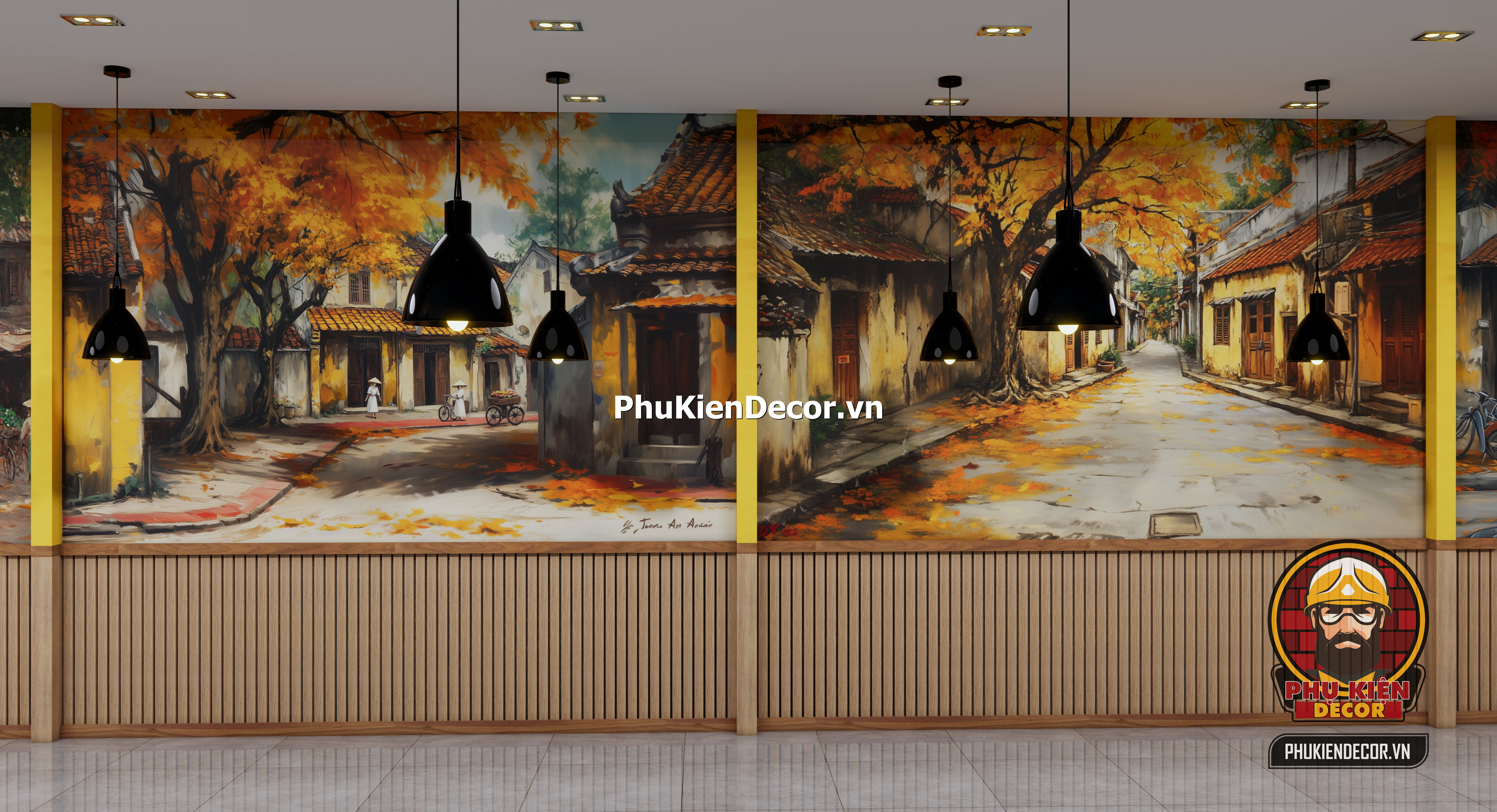 Tranh dán tường 3d quán ăn hà nội mùa thu, một thoáng hà thành Tranh dán tường 3d quán ăn hà nội mùa thu, một thoáng hà thành