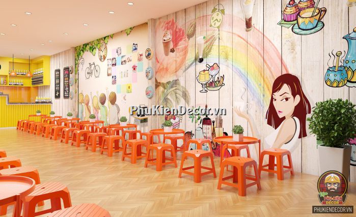Tranh dán tường 3D quán Ăn vặt, kết hợp Trà sữa, Trà chanh Tranh dán tường 3D quán Ăn vặt, kết hợp Trà sữa, Trà chanh