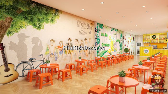 Tranh dán tường 3D quán Ăn vặt, kết hợp Trà sữa, Trà chanh Tranh dán tường 3D quán Ăn vặt, kết hợp Trà sữa, Trà chanh