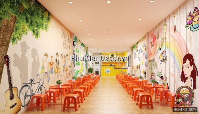 Tranh dán tường 3D quán Ăn vặt, kết hợp Trà sữa, Trà chanh Tranh dán tường 3D quán Ăn vặt, kết hợp Trà sữa, Trà chanh