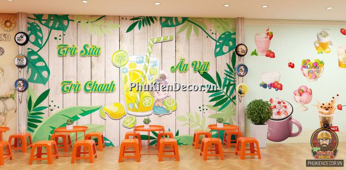 Tranh dán tường 3D quán Ăn vặt, kết hợp Trà sữa, Trà chanh Tranh dán tường 3D quán Ăn vặt, kết hợp Trà sữa, Trà chanh