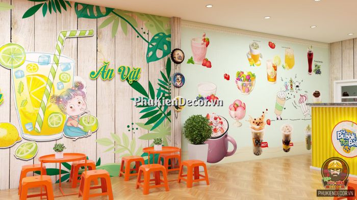 Tranh dán tường 3D quán Ăn vặt, kết hợp Trà sữa, Trà chanh Tranh dán tường 3D quán Ăn vặt, kết hợp Trà sữa, Trà chanh