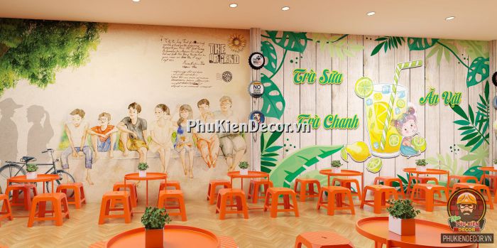 Tranh dán tường 3D quán Ăn vặt, kết hợp Trà sữa, Trà chanh Tranh dán tường 3D quán Ăn vặt, kết hợp Trà sữa, Trà chanh