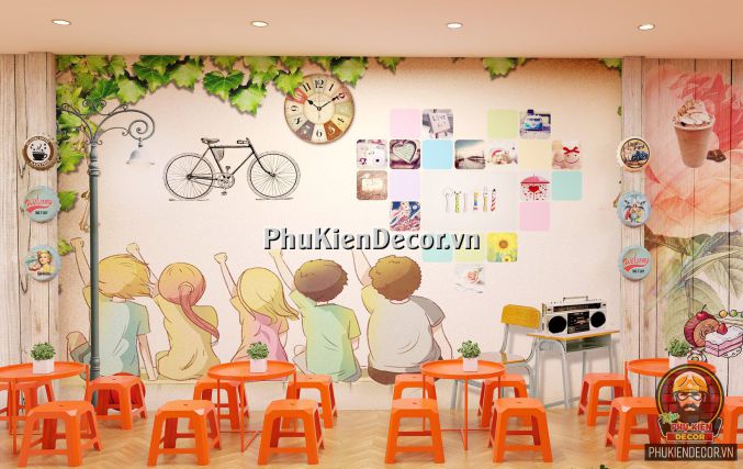 Tranh dán tường 3D quán Ăn vặt, kết hợp Trà sữa, Trà chanh Tranh dán tường 3D quán Ăn vặt, kết hợp Trà sữa, Trà chanh