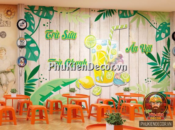 Tranh dán tường 3D quán Ăn vặt, kết hợp Trà sữa, Trà chanh Tranh dán tường 3D quán Ăn vặt, kết hợp Trà sữa, Trà chanh