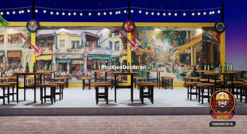 Tranh dán tường 3D quán bia hơi phong cách Hà Nội Tranh Quán Bia Hơi Hà Nội gắn trên nền tường gạch giả cổ, thể hiện cảnh bàn nhậu thời bao cấp với chai bia và ly thủy tinh.