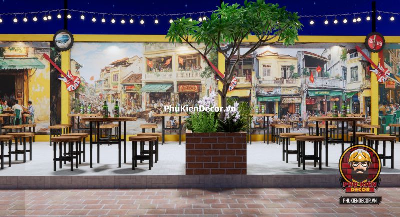 Tranh dán tường 3D quán bia hơi phong cách Hà Nội Tranh Quán Bia Hơi Hà Nội gắn trên nền tường gạch giả cổ, thể hiện cảnh bàn nhậu thời bao cấp với chai bia và ly thủy tinh.