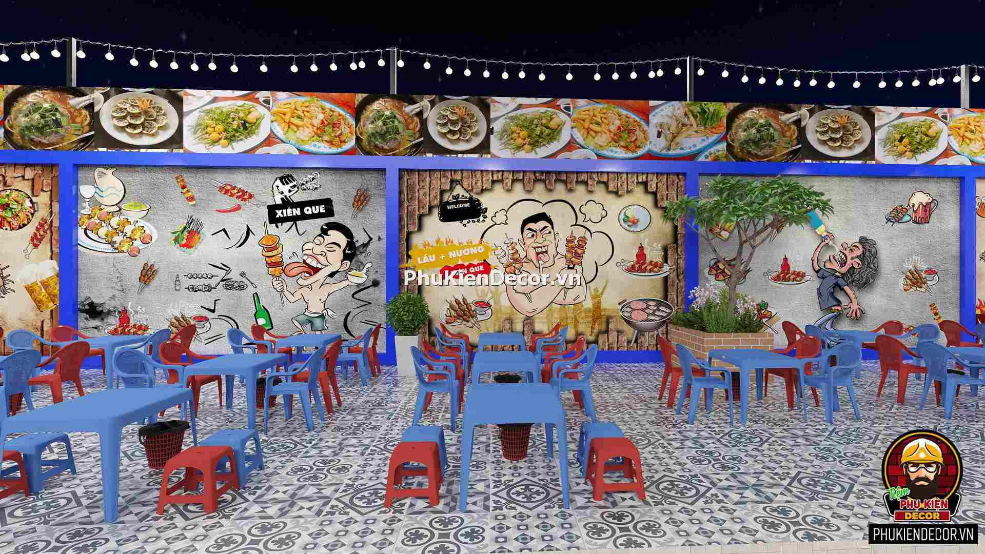 Tranh dán tường 3D quán Lẩu nướng bình dân Tranh dán tường 3D quán Lẩu nướng bình dân