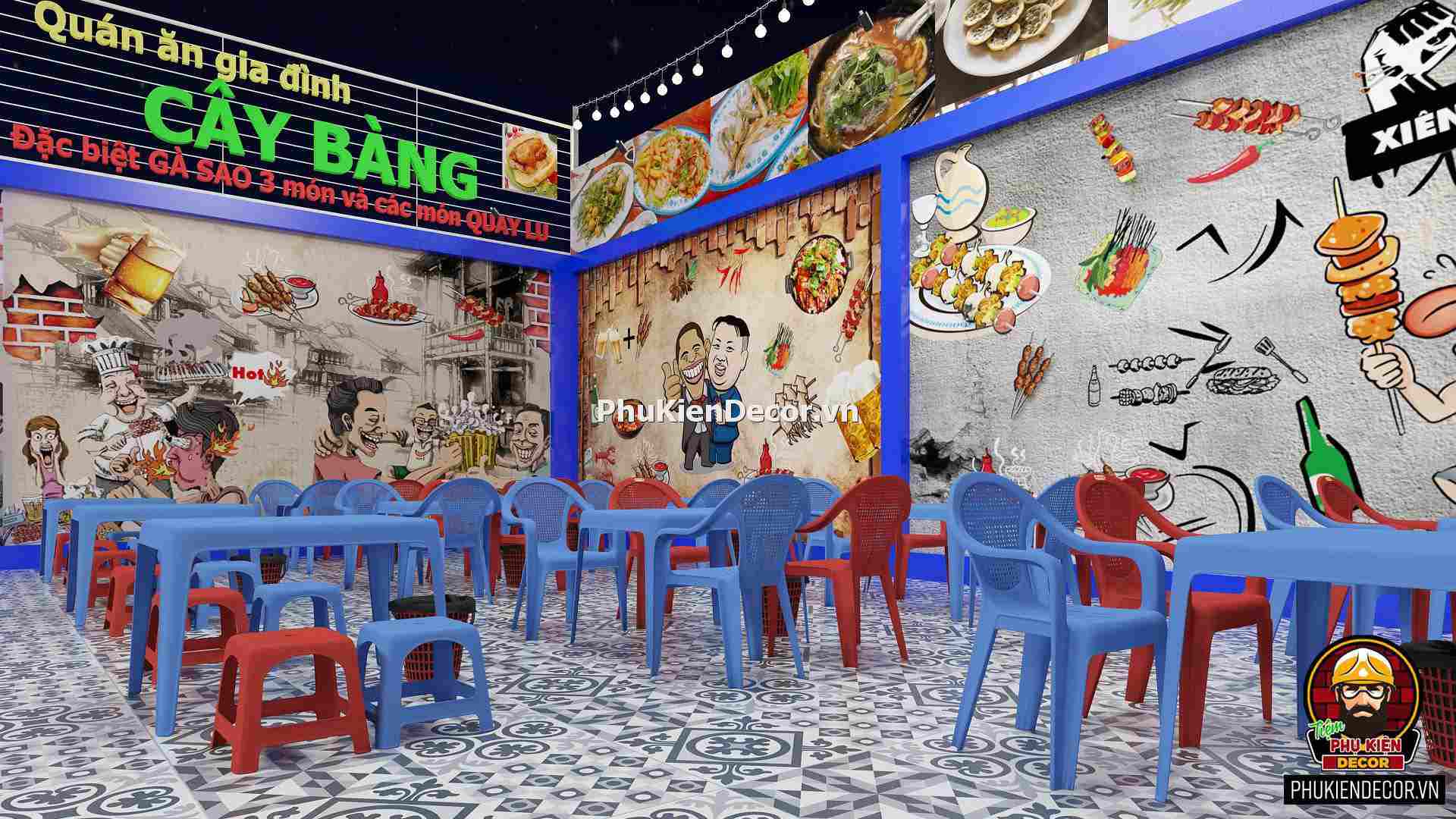 Tranh dán tường 3D quán Lẩu nướng bình dân Tranh dán tường 3D quán Lẩu nướng bình dân
