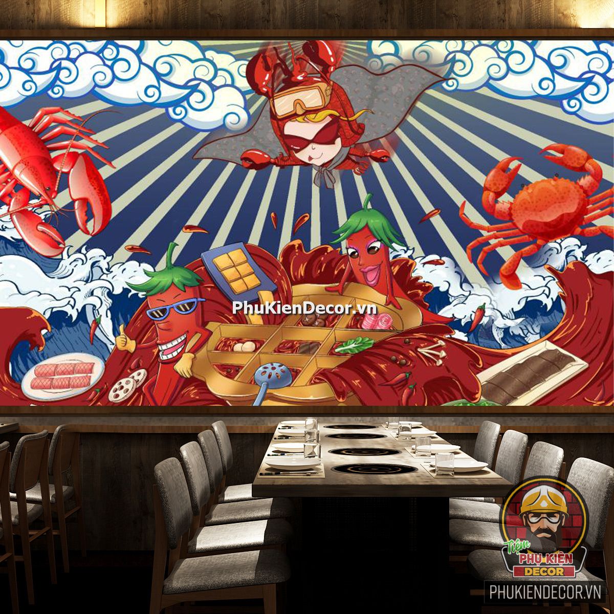 Tranh dán tường 3D quán Lẩu nướng Hải sản ấn tượng Tranh dán tường 3D quán Lẩu nướng Hải sản ấn tượng