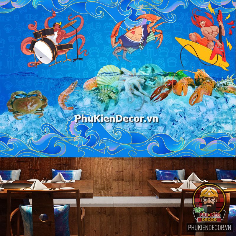 Tranh dán tường 3D quán Lẩu nướng Hải sản ấn tượng Tranh dán tường 3D quán Lẩu nướng Hải sản ấn tượng