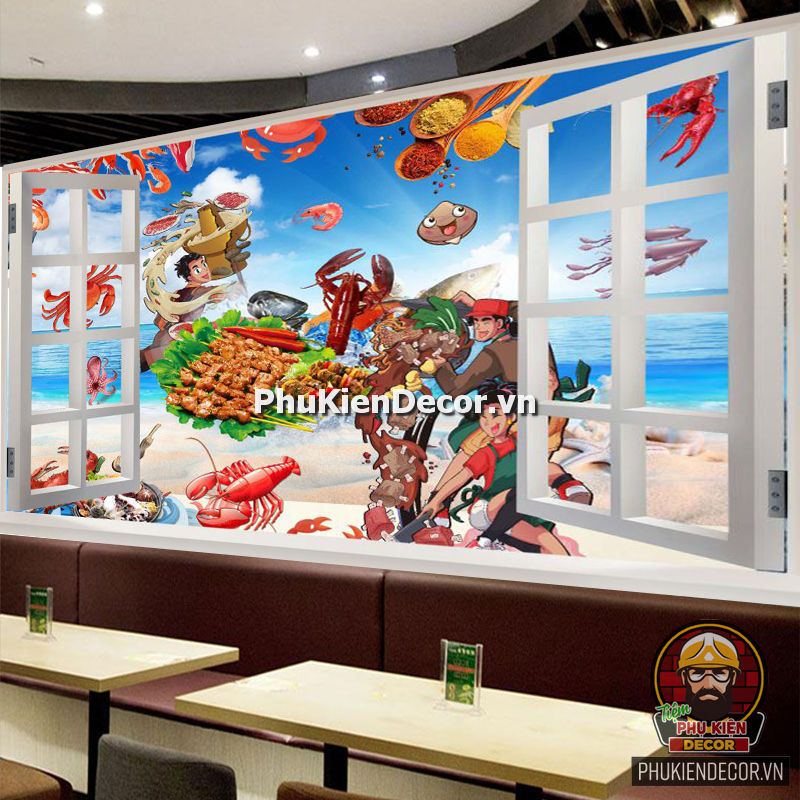 Tranh dán tường 3D quán Lẩu nướng Hải sản ấn tượng Tranh dán tường 3D quán Lẩu nướng Hải sản ấn tượng
