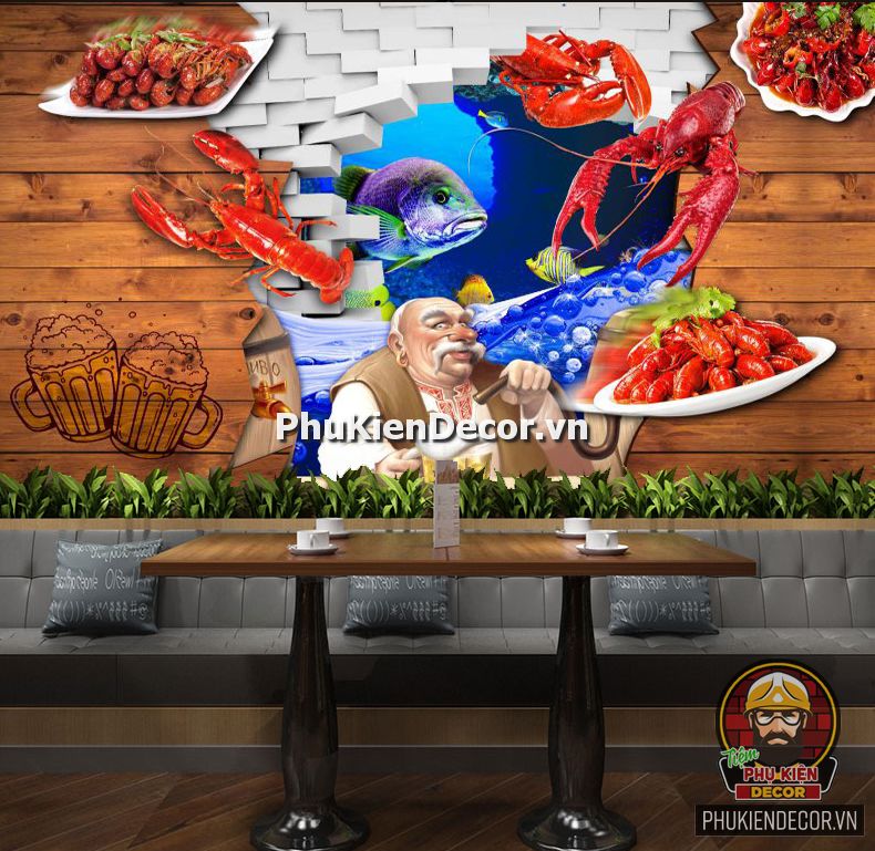 Tranh dán tường 3D quán Lẩu Nướng Hải Sản ấn tượng Tranh dán tường 3D quán Lẩu Nướng Hải Sản ấn tượng