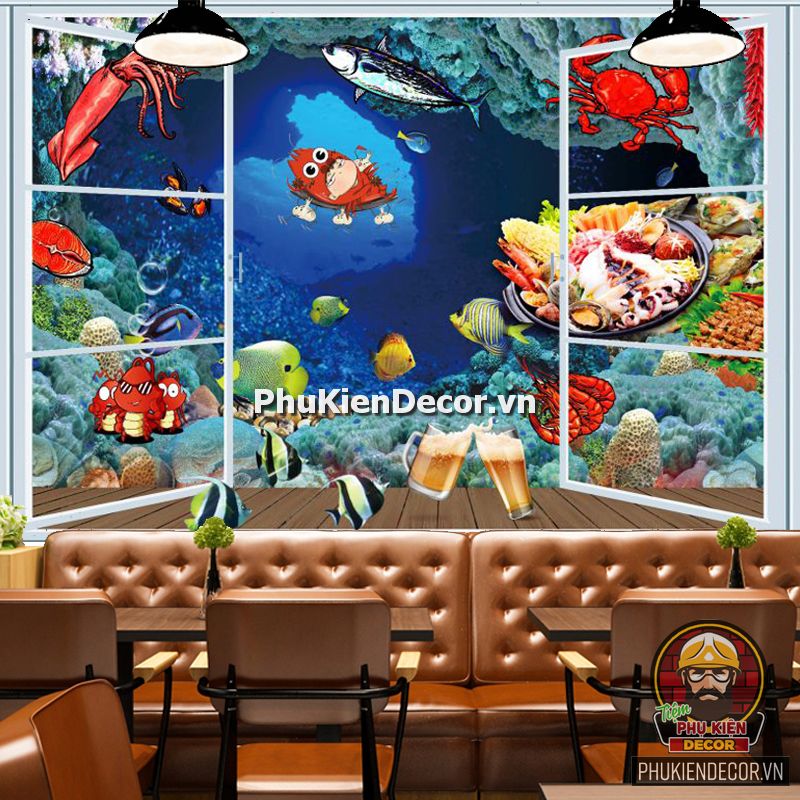 Tranh dán tường 3D quán Lẩu nướng Hải sản ấn tượng Tranh dán tường 3D quán Lẩu nướng Hải sản ấn tượng