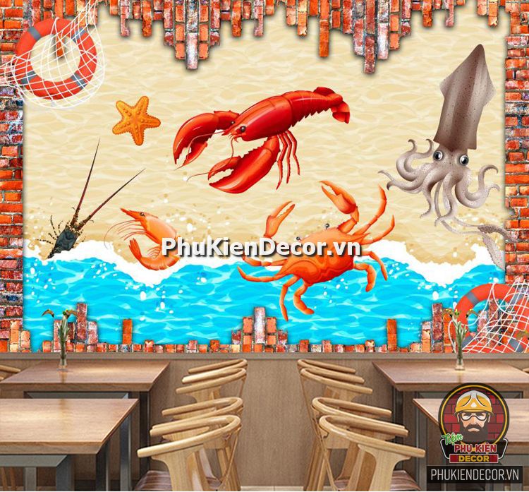 Tranh dán tường 3D quán Lẩu Nướng Hải Sản ấn tượng Tranh dán tường 3D quán Lẩu Nướng Hải Sản ấn tượng