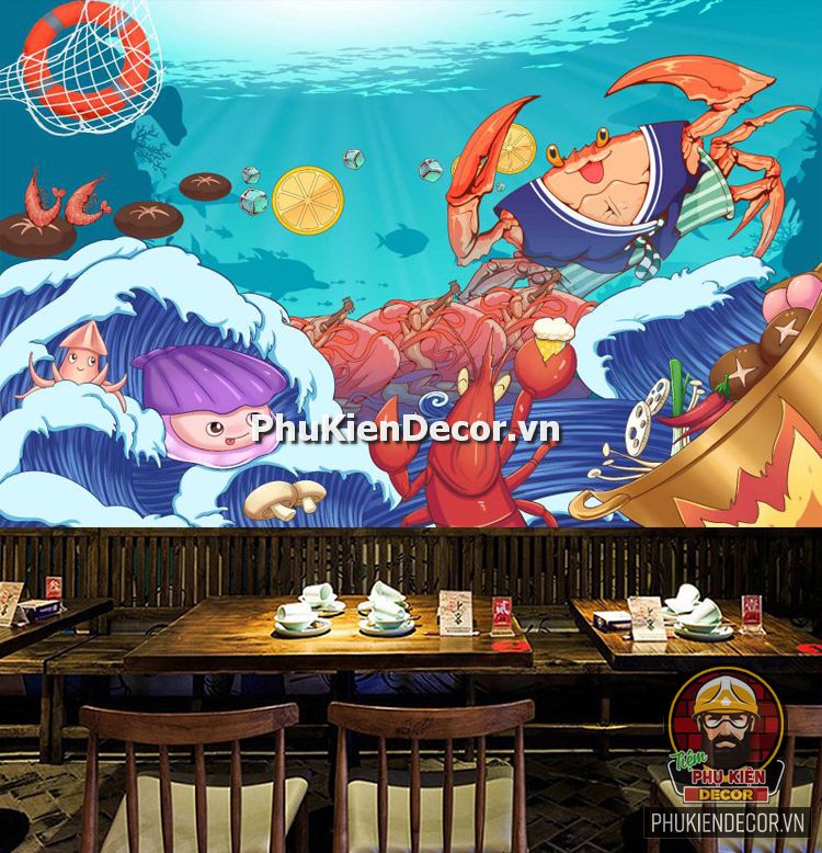 Tranh dán tường 3D quán Lẩu Nướng Hải Sản ấn tượng Tranh dán tường 3D quán Lẩu Nướng Hải Sản ấn tượng