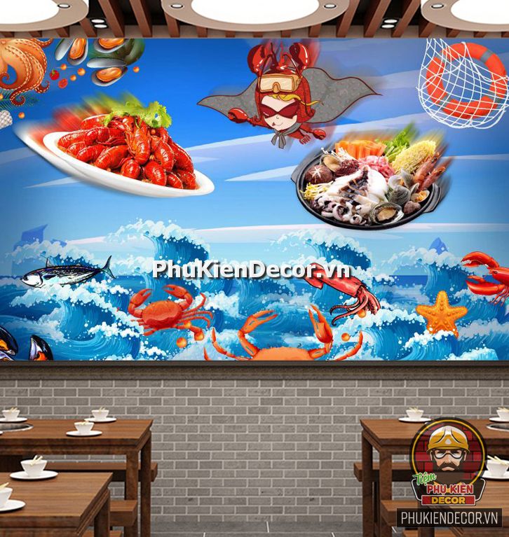 Tranh dán tường 3D quán Lẩu nướng Hải sản ấn tượng Tranh dán tường 3D quán Lẩu nướng Hải sản ấn tượng