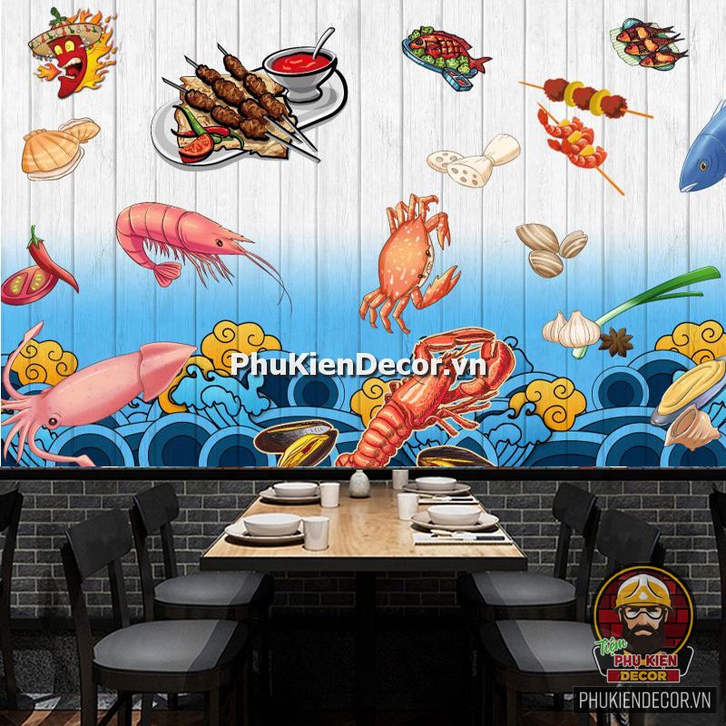 Tranh dán tường 3D quán Lẩu nướng Hải sản ấn tượng Tranh dán tường 3D quán Lẩu nướng Hải sản ấn tượng